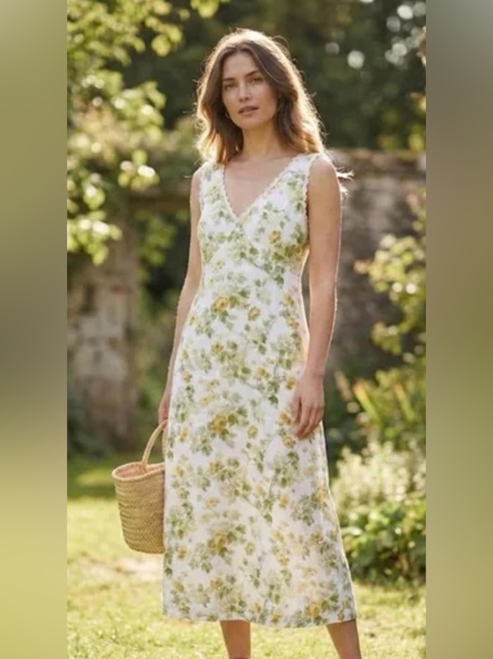 NWT Laura Ashley White Floral Midi Dress with Green and Yellow Bouquet Print